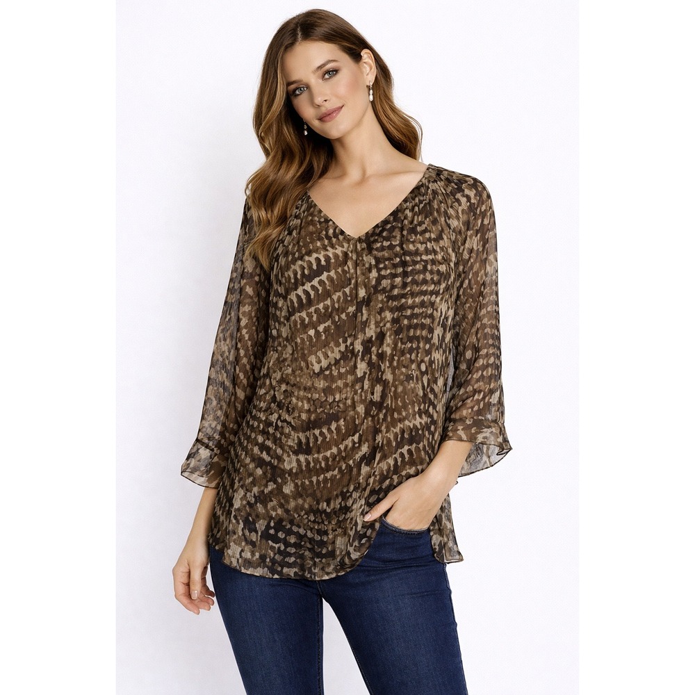 Essentials by Milano- Brown Giraffe Printed Patterned Flowy Blouse Size S